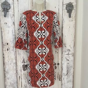 Elie Tahari Size XS Silk Dress Woman's Rust Orange Brown Ivory Shift Bell Sleeve